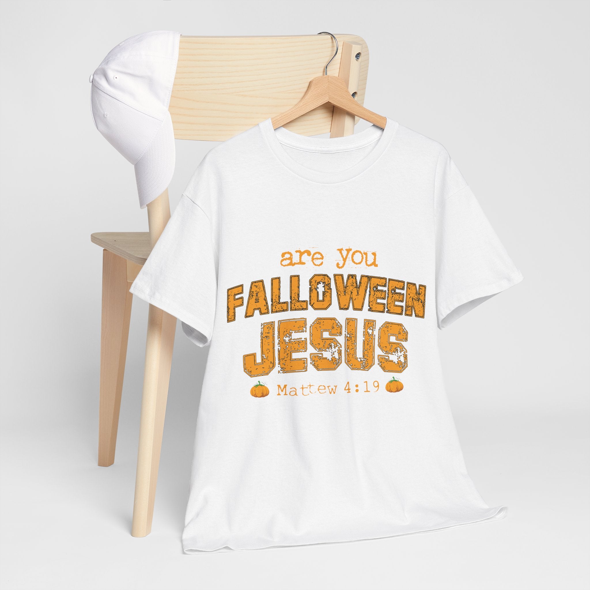 Christian Halloween T-Shirt — “Are You Falloween Jesus? Matthew 4:19” Distressed Pumpkin Design. Unisex Cotton Tee