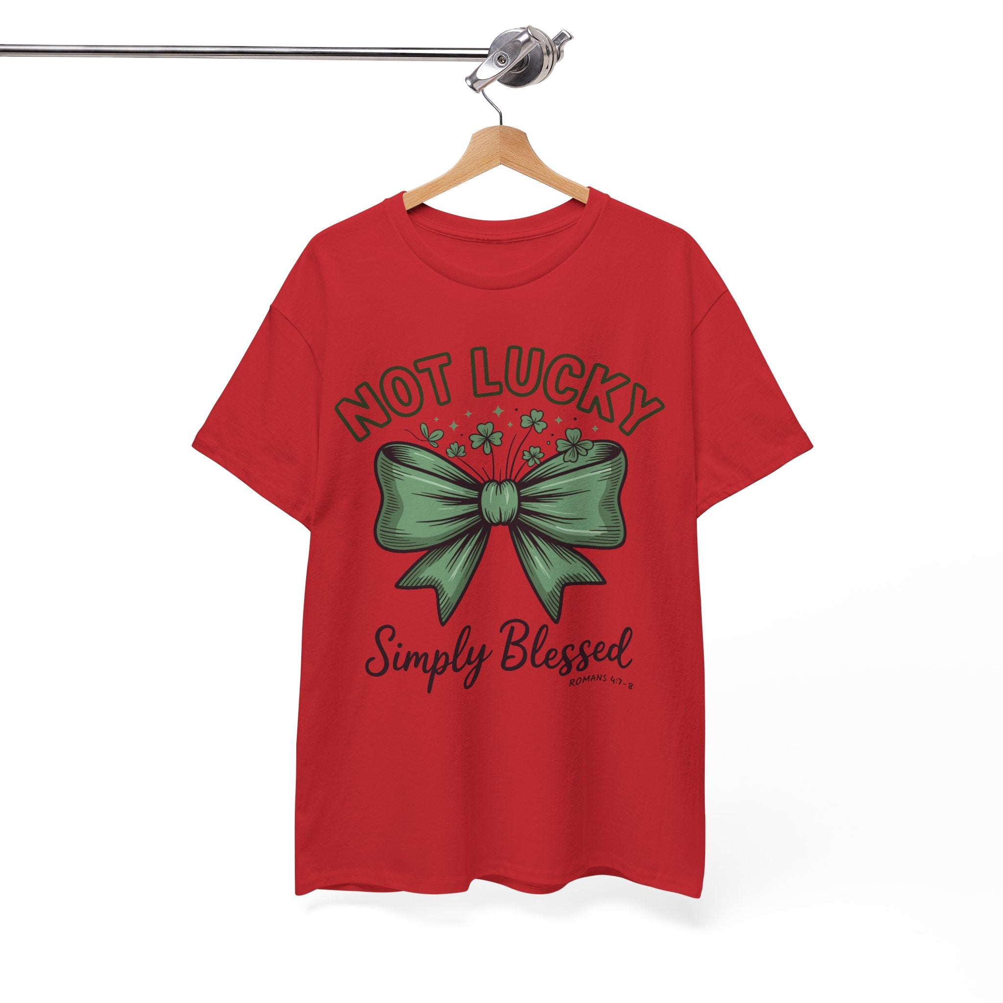 Not Lucky, Simply Blessed T-Shirt — Green Bow & Clovers St. Patrick’s Unisex Cotton Tee