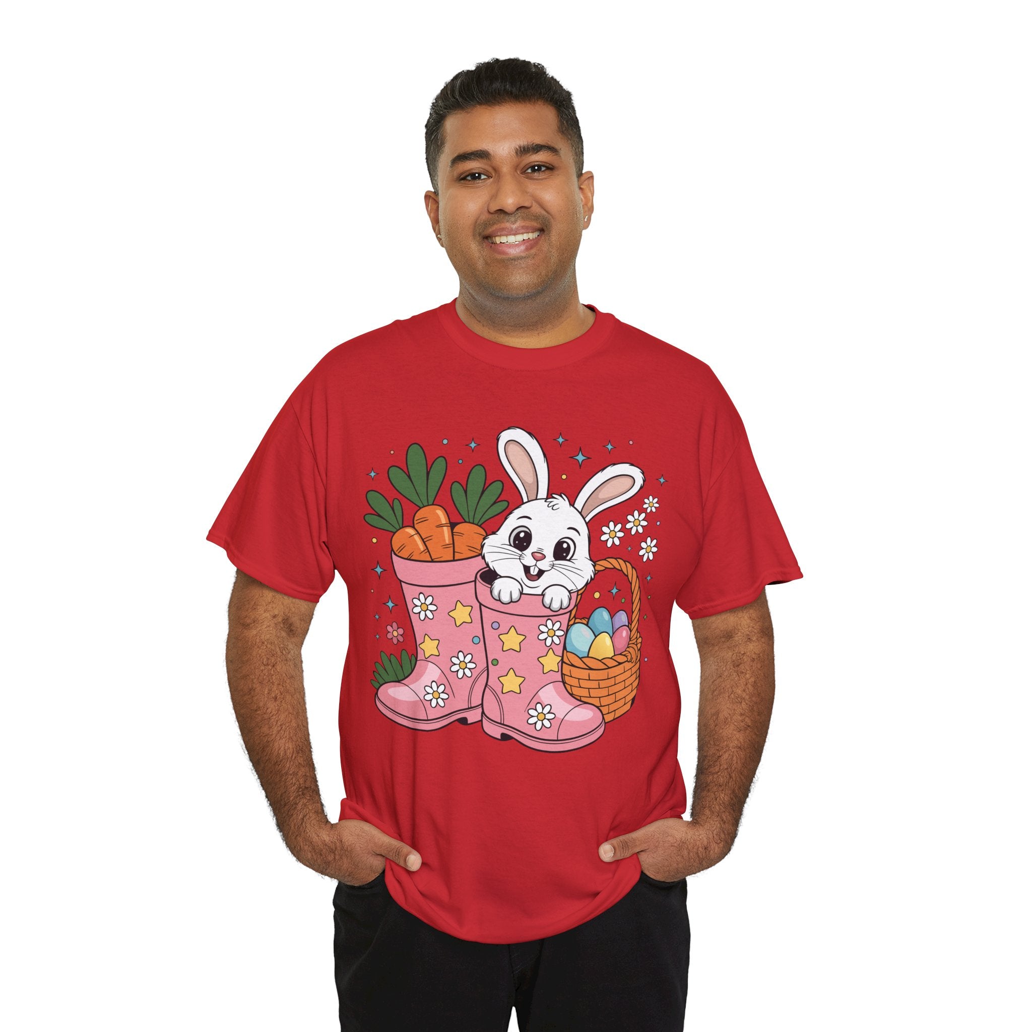 Easter Bunny in Pink Rain Boots T-Shirt — Cartoon Bunny, Carrots & Colorful Eggs Unisex Cotton Tee