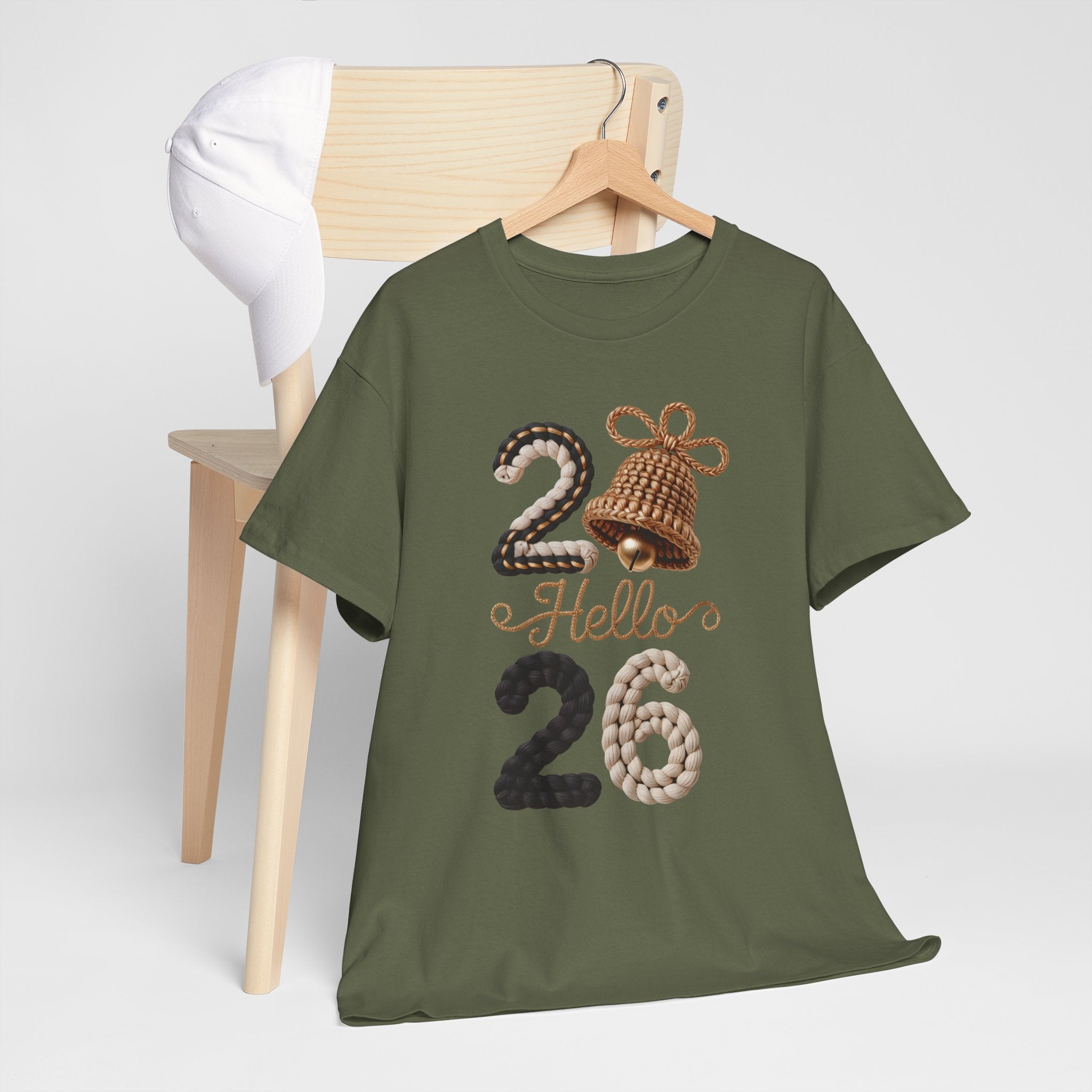 Hello 2026 Tee — Cozy Faux Yarn Braided Numbers with Woven Golden Bell..Unisex Cotton Tee