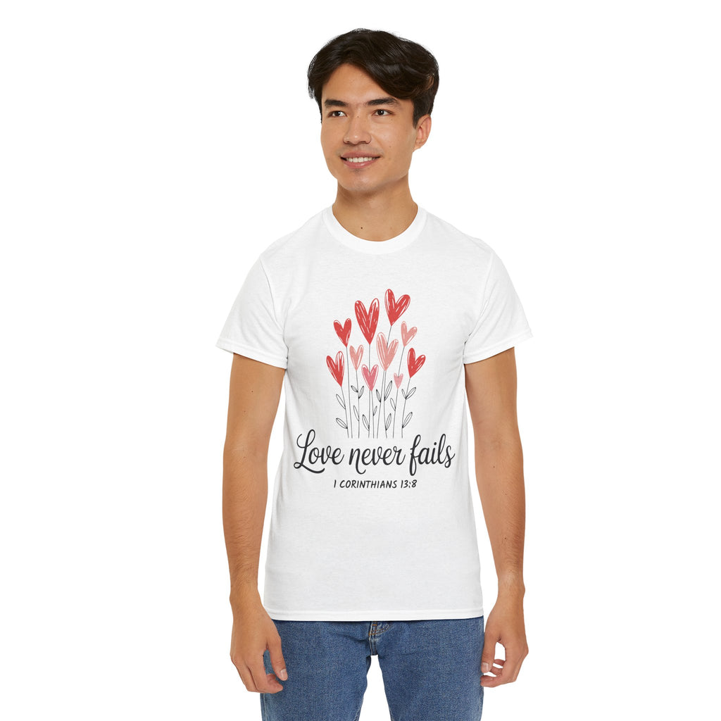 Christian Valentine T-Shirt — "Love Never Fails" (1 Corinthians 13:8) Unisex Cotton Tee
