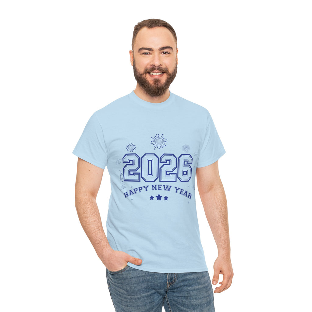 Happy New Year 2026 Varsity Tee — Fireworks & Confetti Celebration Unisex Cotton Tee