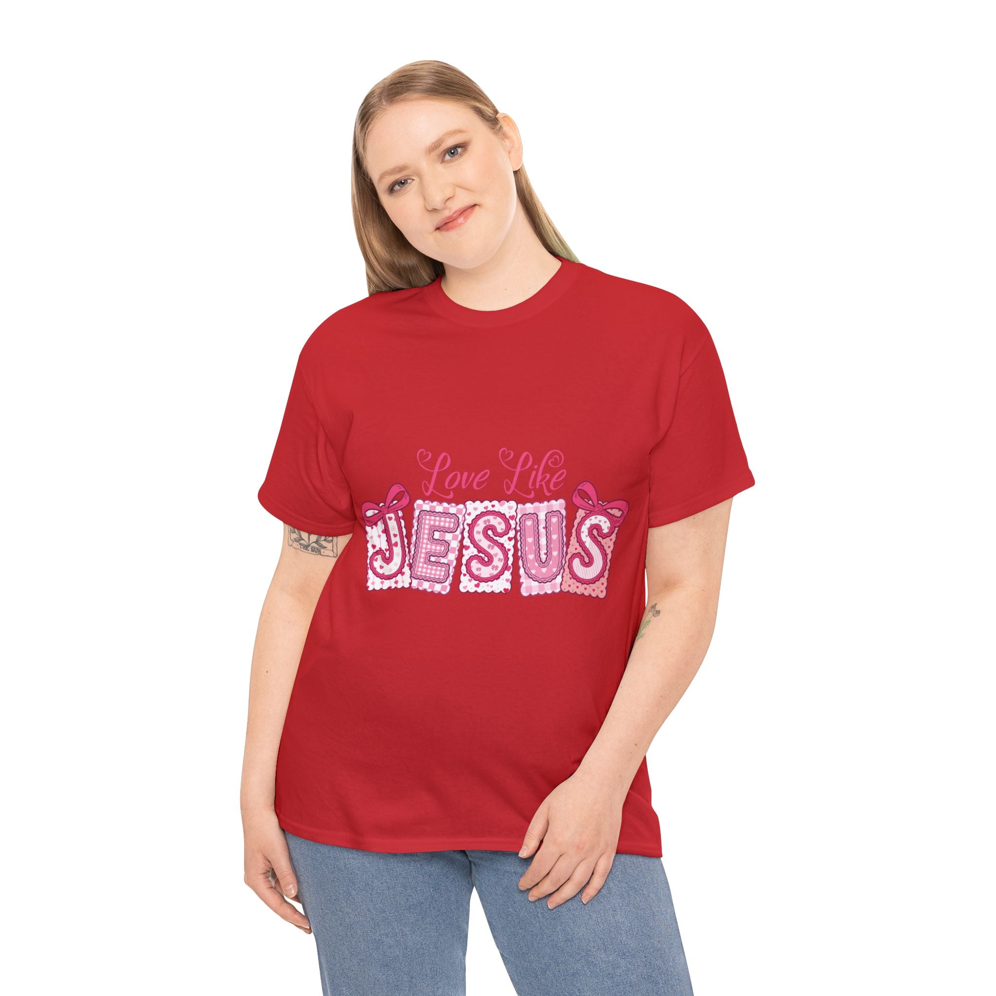 Love Like Jesus Patchwork Tee — Pink Stitched Heart Graphic.Unisex Cotton Tee