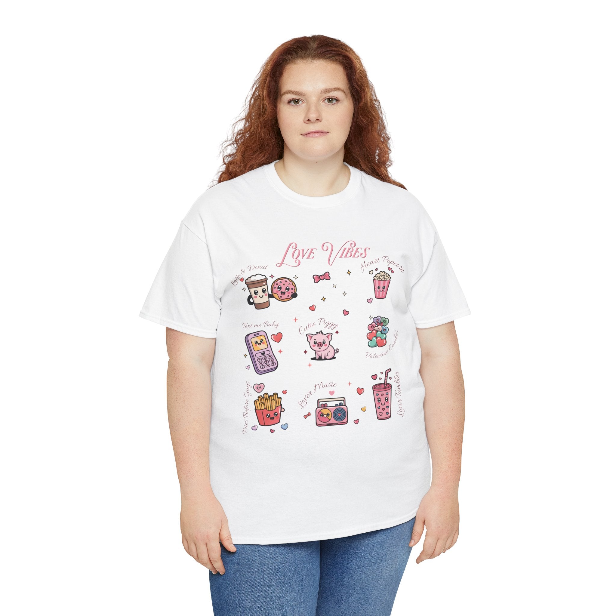 Love Vibes Kawaii Valentine T-Shirt — Cute Donut, Coffee & Piglet Design Unisex Cotton Tee