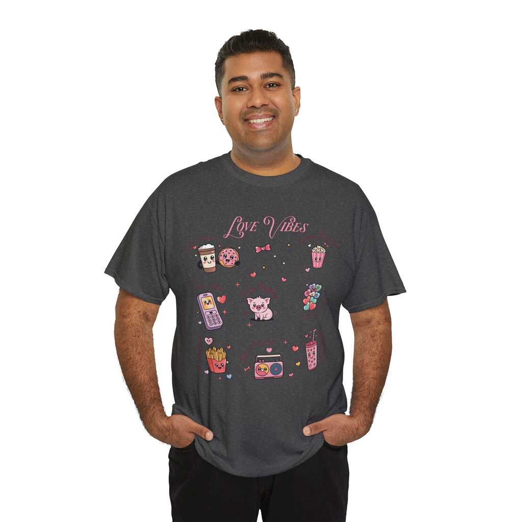 Love Vibes Kawaii Valentine T-Shirt — Cute Donut, Coffee & Piglet Design Unisex Cotton Tee