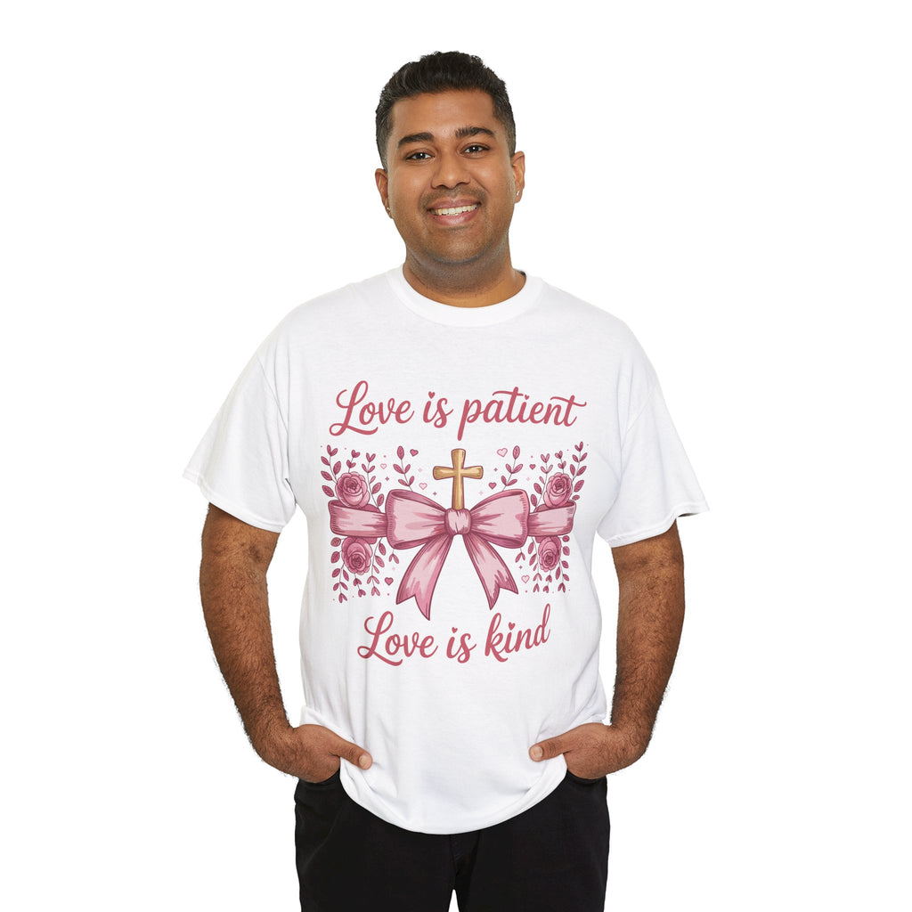 Christian Floral Tee — "Love is Patient, Love is Kind" Pink Rose Cross. Unisex Cotton Tee