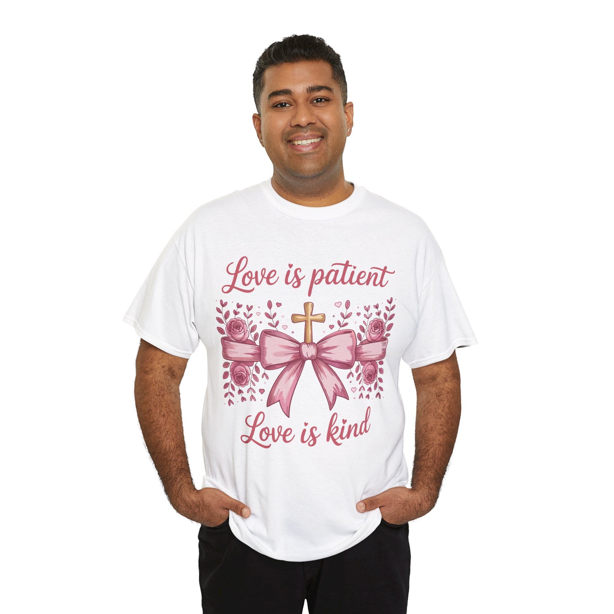 Christian Floral Tee — "Love is Patient, Love is Kind" Pink Rose Cross. Unisex Cotton Tee