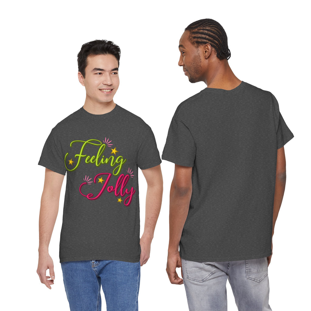 Feeling Jolly Tee — Festive Green & Pink Script with Yellow Stars Unisex Cotton Tee