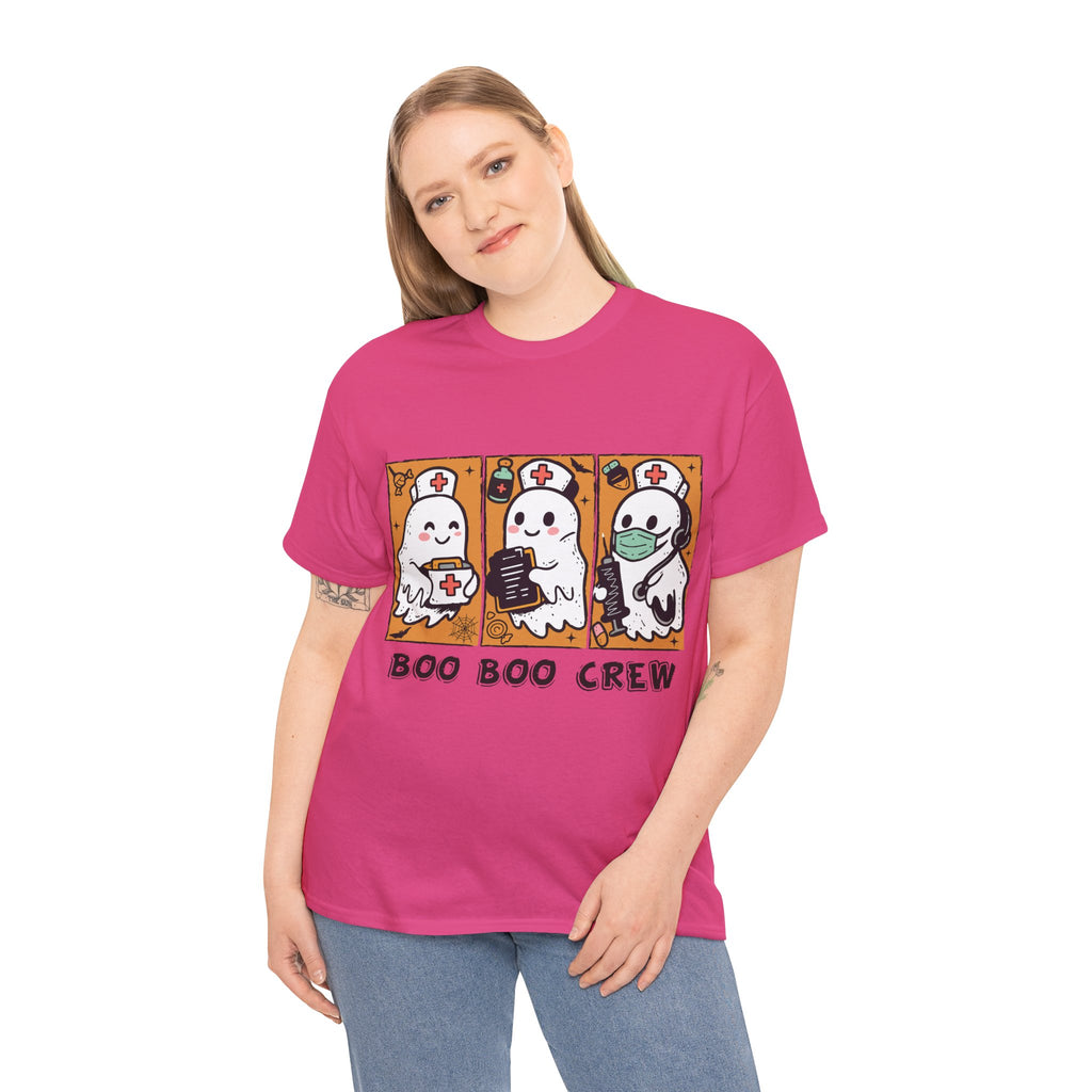 Halloween Nurse T-Shirt — Ghost Nurses Holding Medical Tools on Orange Unisec Cotton Tee