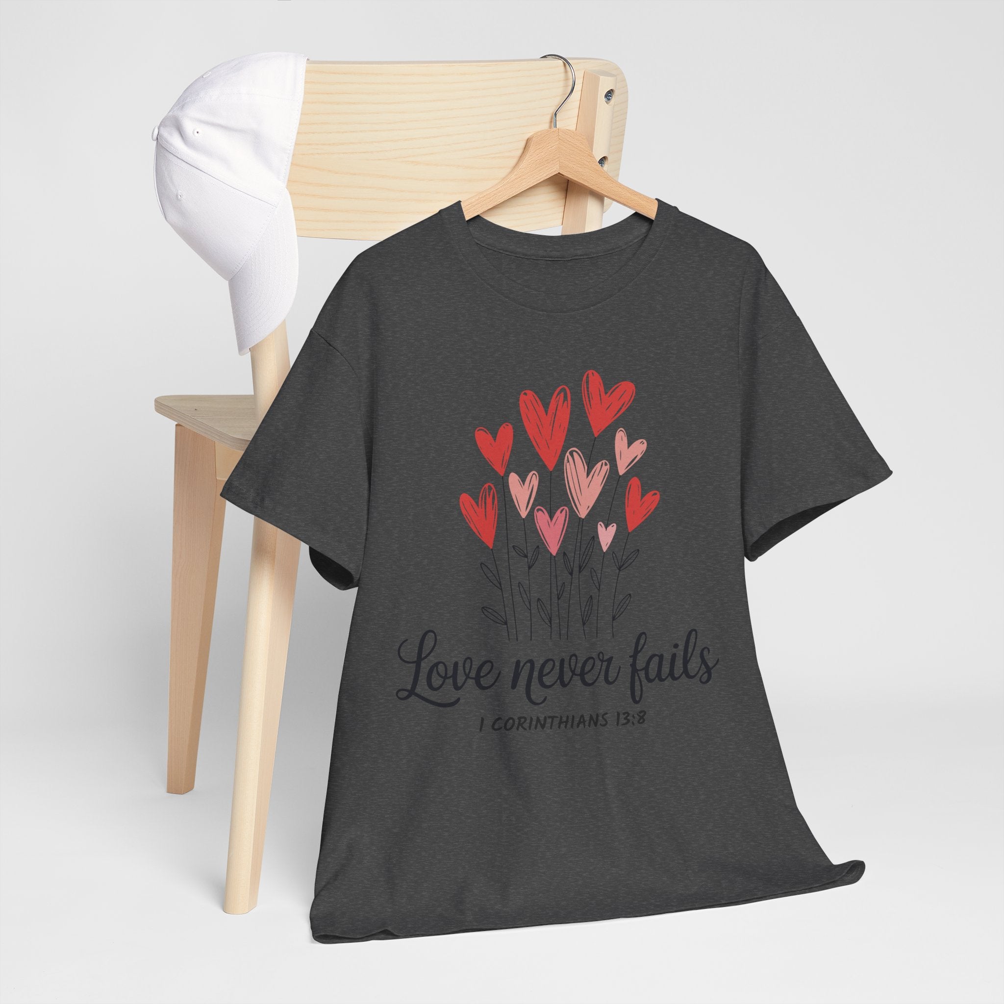Christian Valentine T-Shirt — "Love Never Fails" (1 Corinthians 13:8) Unisex Cotton Tee