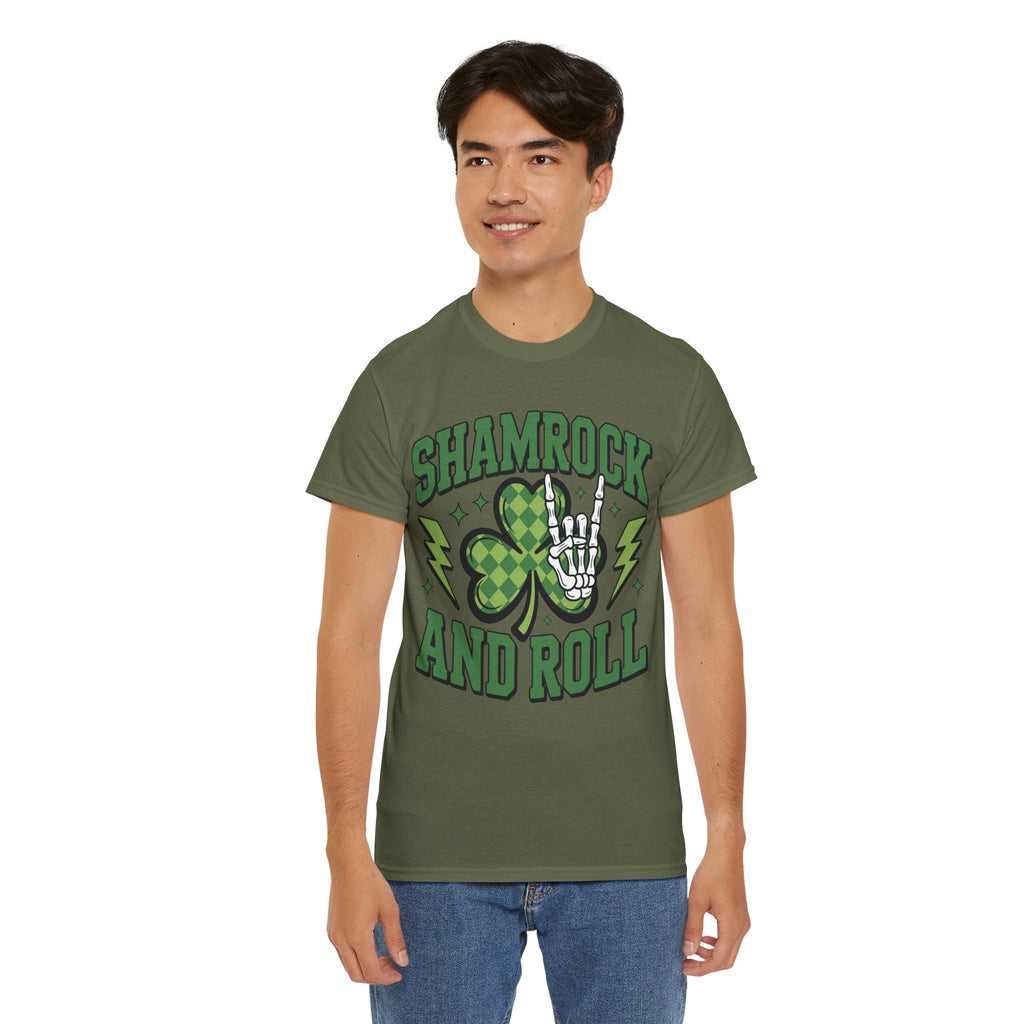 Shamrock and Roll Tee — Skeleton Hand & Lightning St. Patrick’s Rock Unisex Cotton Shirt