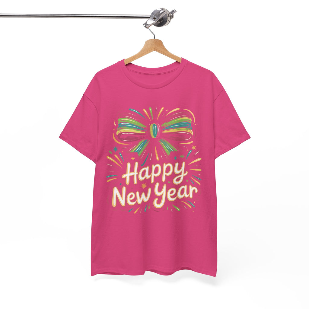 Happy New Year Pastel Tee — Rainbow Bow & Fireworks Celebration Unisex Cotton Tshirt