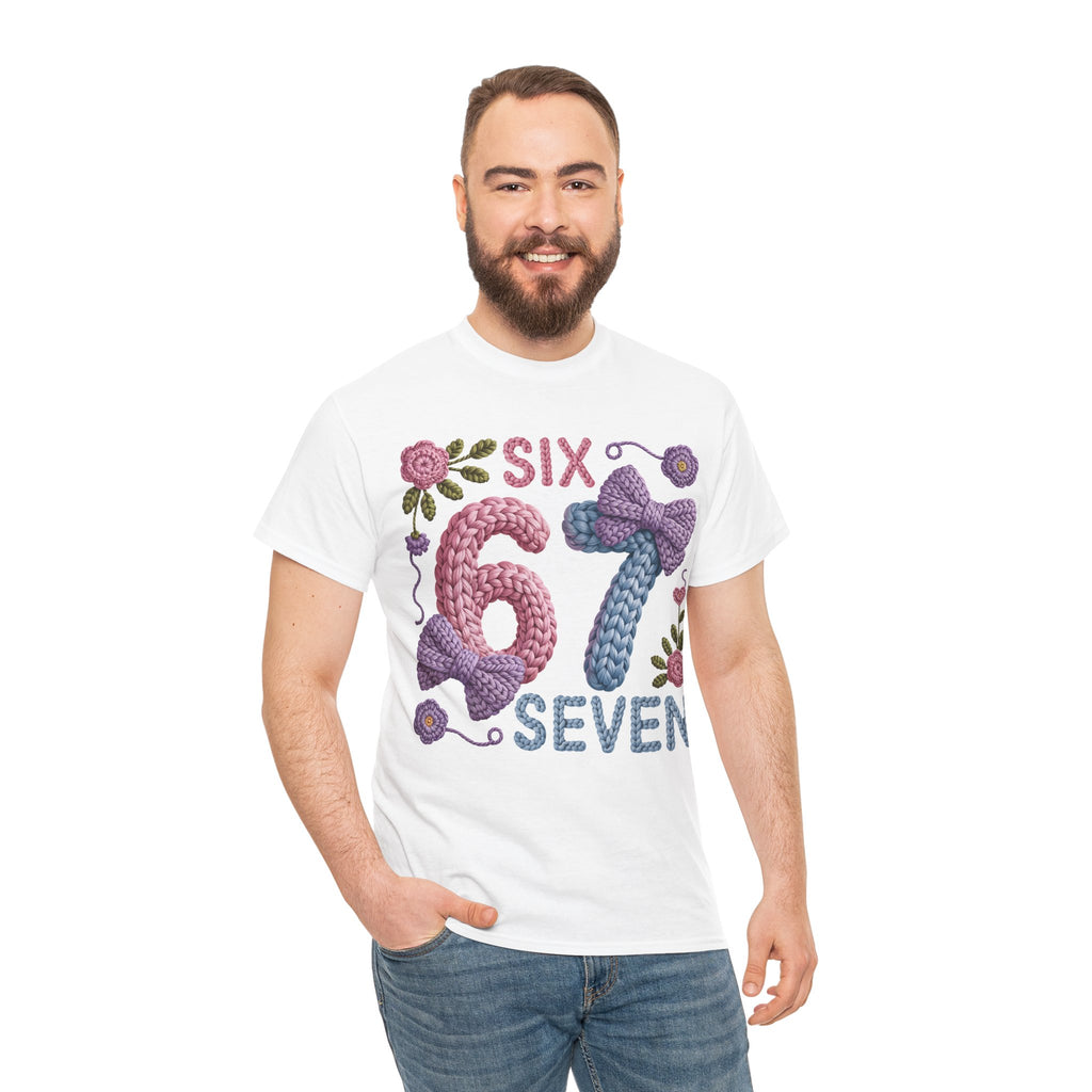 Pastel Crochet Numbers 6 & 7 Tee — Faux-Yarn Bows & Flowers. Unisex Cotton Tee