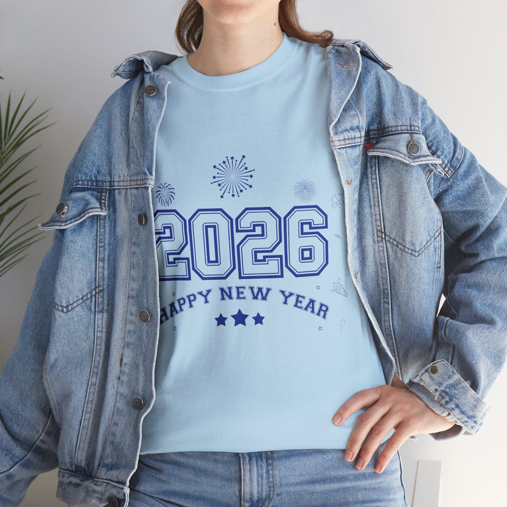 Happy New Year 2026 Varsity Tee — Fireworks & Confetti Celebration Unisex Cotton Tee