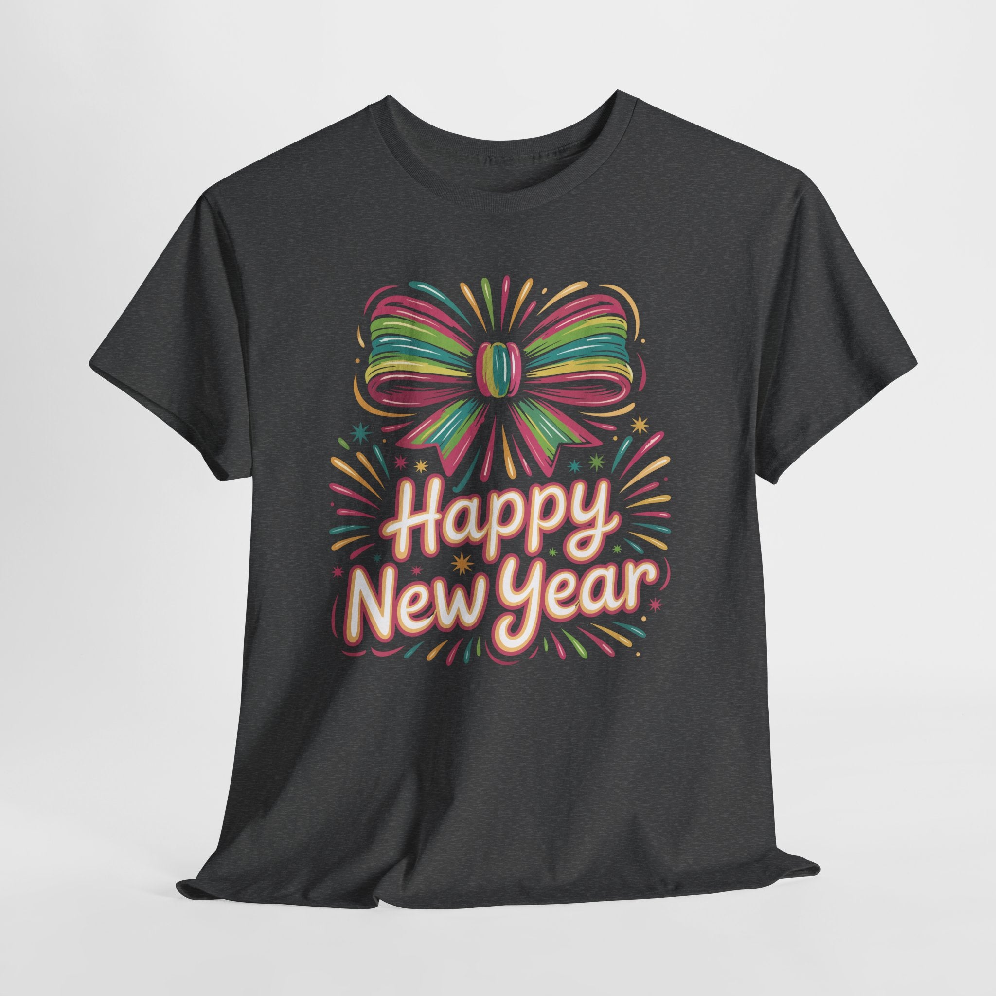 Happy New Year Pastel Tee — Rainbow Bow & Fireworks Celebration Unisex Cotton Tshirt