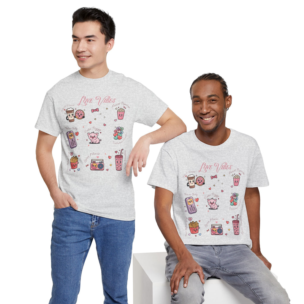 Love Vibes Kawaii Valentine T-Shirt — Cute Donut, Coffee & Piglet Design Unisex Cotton Tee