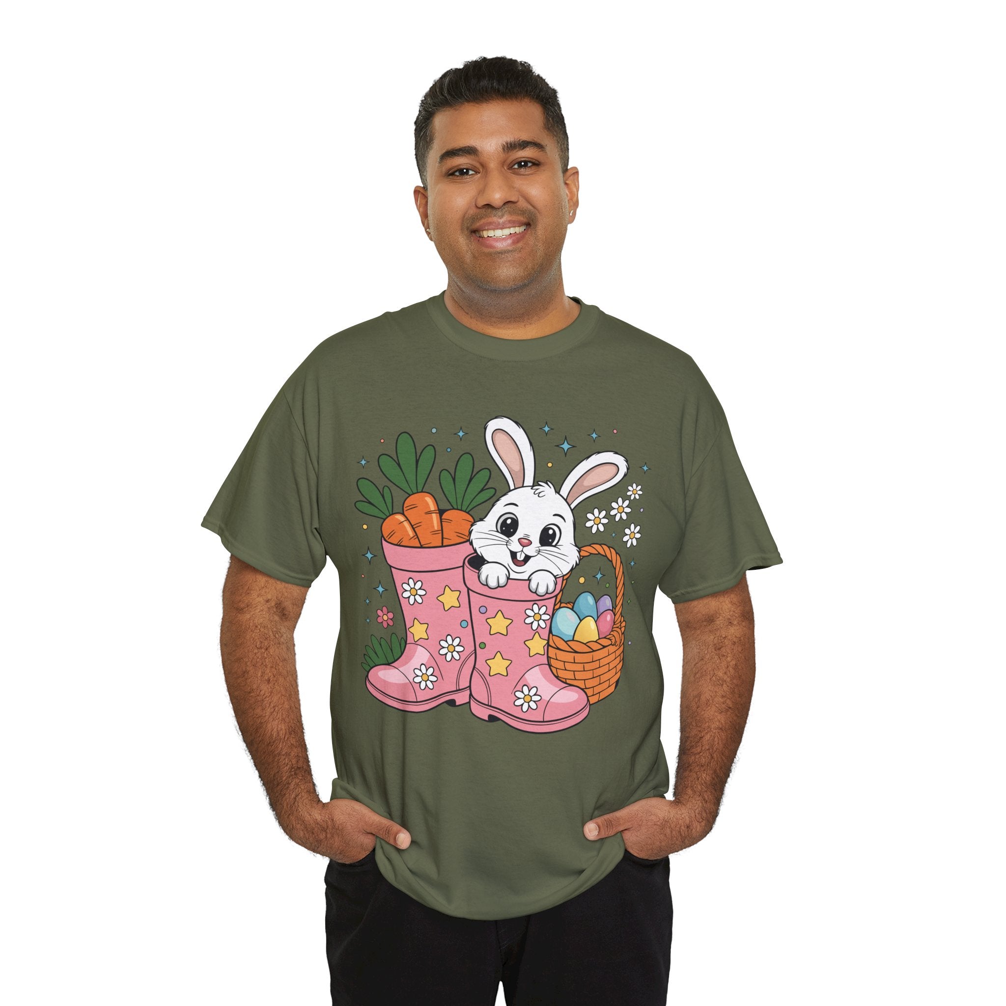 Easter Bunny in Pink Rain Boots T-Shirt — Cartoon Bunny, Carrots & Colorful Eggs Unisex Cotton Tee