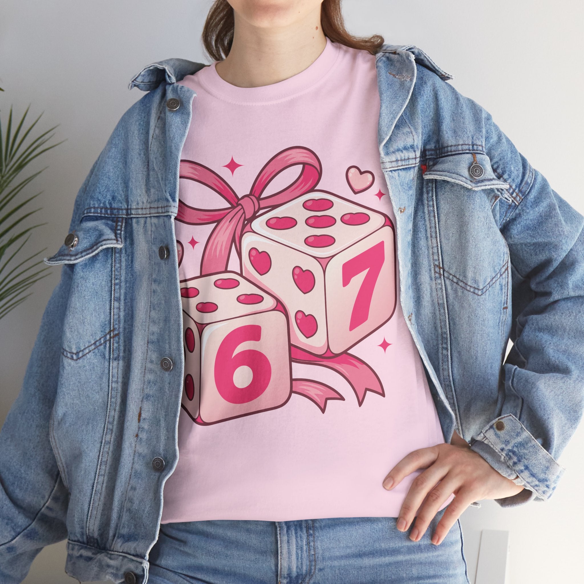 Lucky Love Dice T-Shirt — Pink Heart Dice with Bow..Unisex Cotton Tee