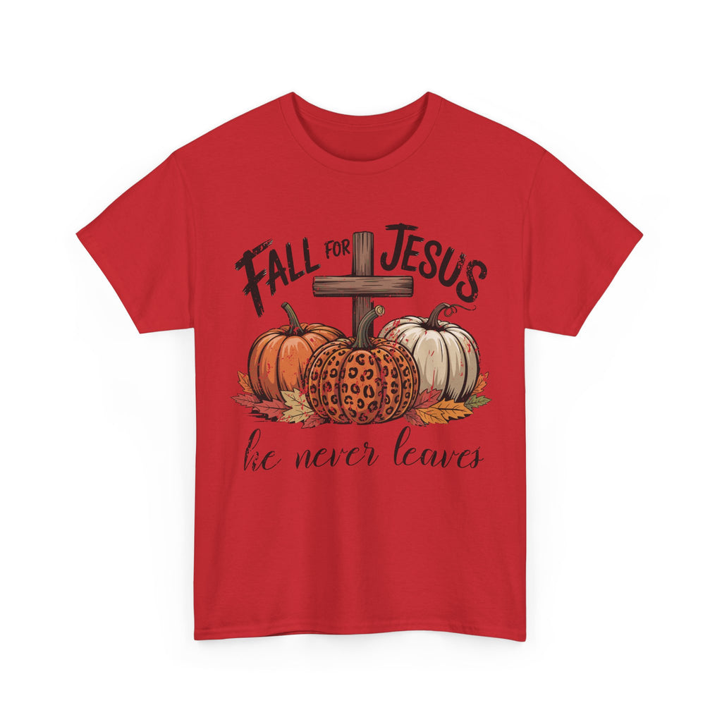 Fall for Jesus Pumpkin Cross Tee — "He Never Leaves" Autumn Christian Unisex Cotton T-Shirt