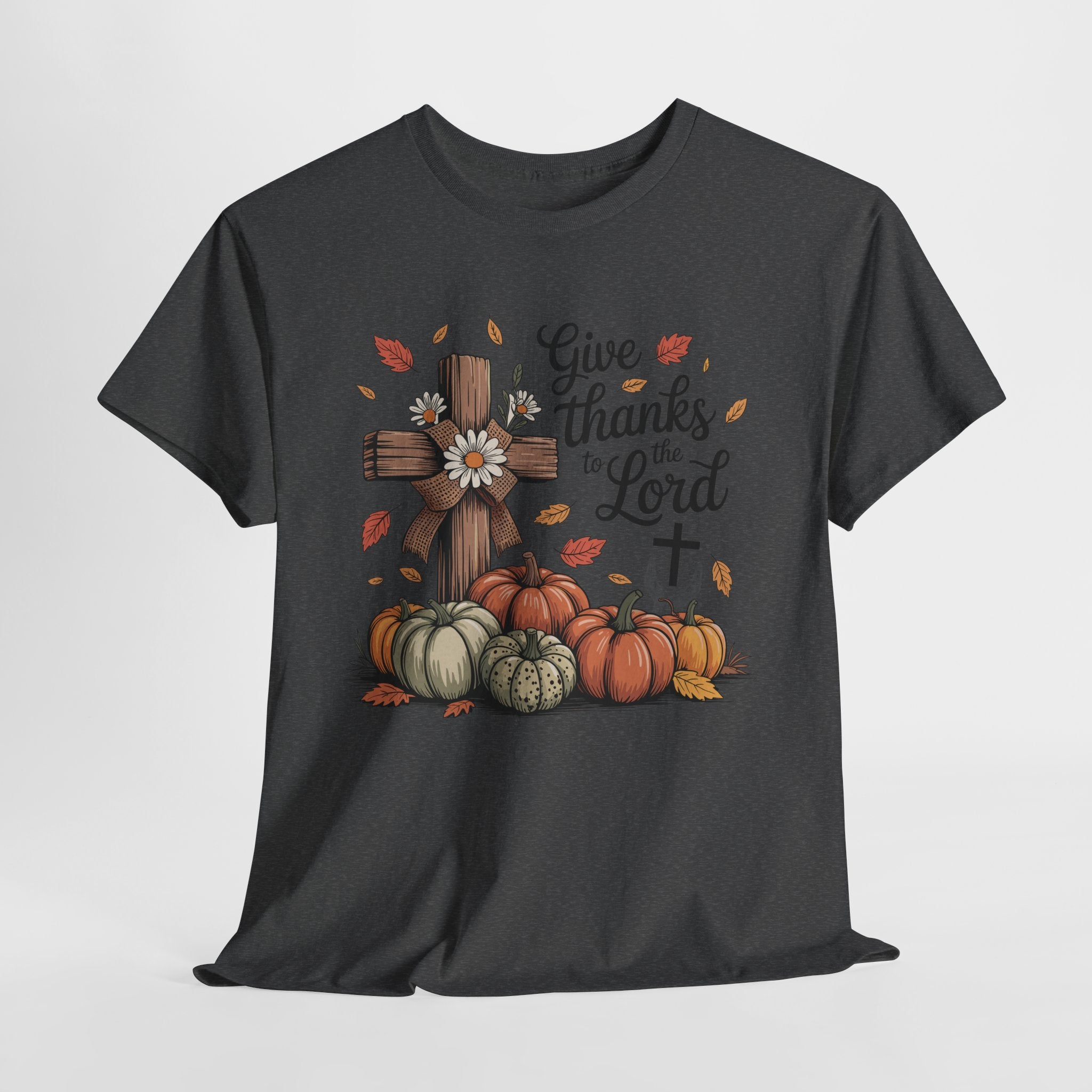 Give Thanks to the Lord Autumn Tee — Wooden Cross, Pumpkins & Daisies..Unisex Cotton Tee