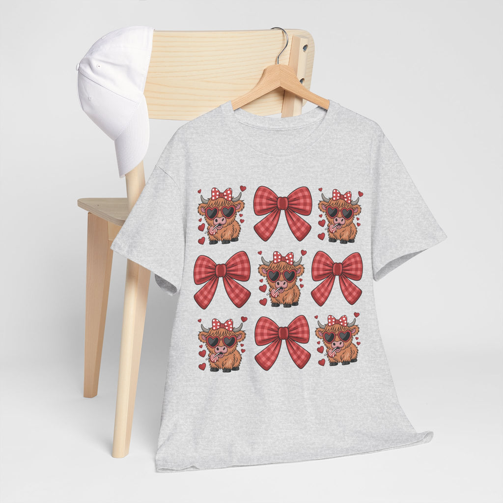 Valentine Cow Checkered Tee — Fluffy Cows with Heart Sunglasses & Red Bows..Unisex Cotton Tee