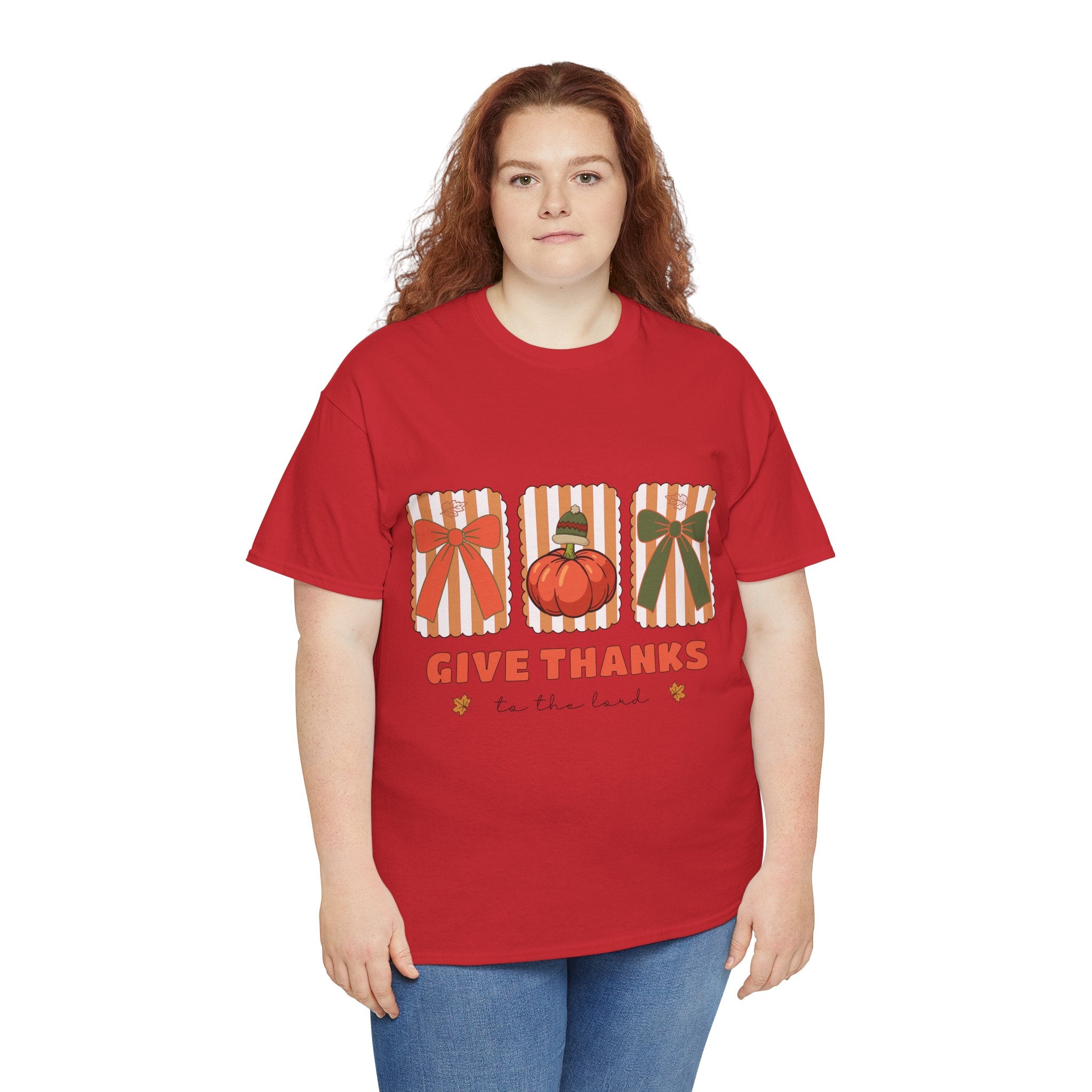 Give Thanks Thanksgiving T-Shirt — Pumpkin with Hat & Bows Unisex Cotton Tee