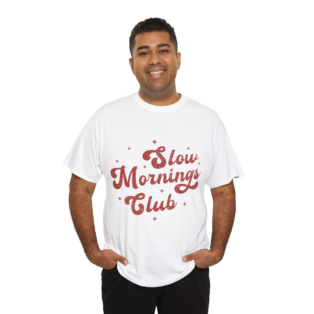 Slow Mornings Club T-Shirt — Retro Red Sparkle Unisex Cotton Tee