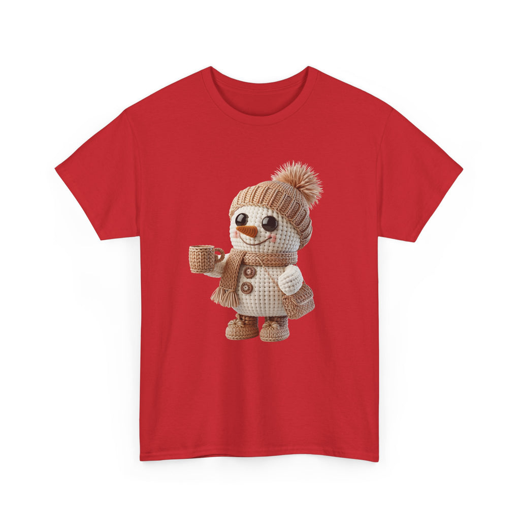 Cozy Snowman Tee — Smiling Snowman with Mug, Scarf & Beanie. Unisex Cotton Tee