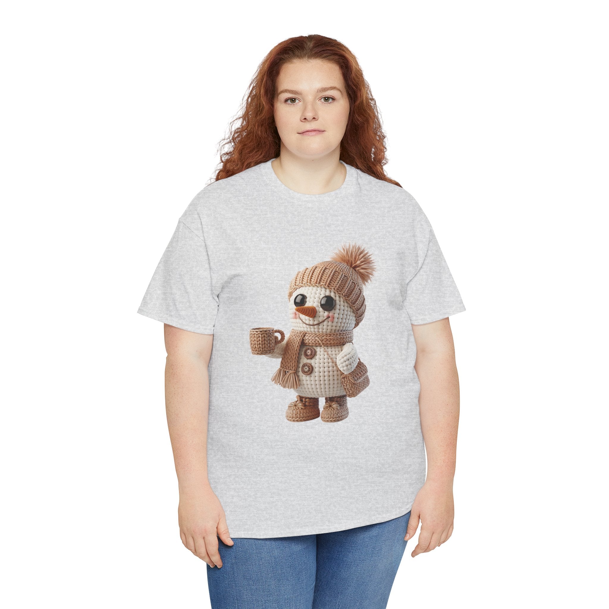 Cozy Snowman Tee — Smiling Snowman with Mug, Scarf & Beanie. Unisex Cotton Tee