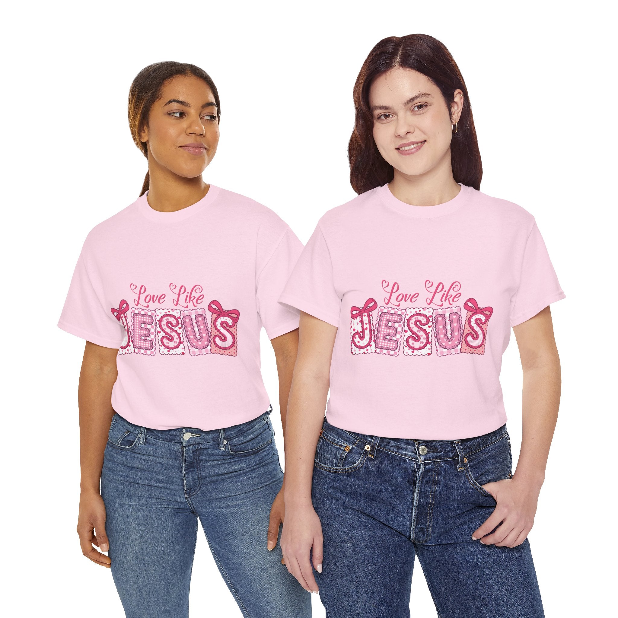 Love Like Jesus Patchwork Tee — Pink Stitched Heart Graphic.Unisex Cotton Tee