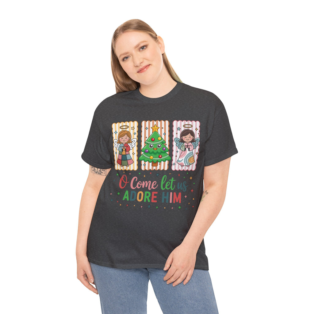 O Come Let Us Adore Him Christmas Tee — Smiling Angels & Happy Tree..Unisex Cotton Tee
