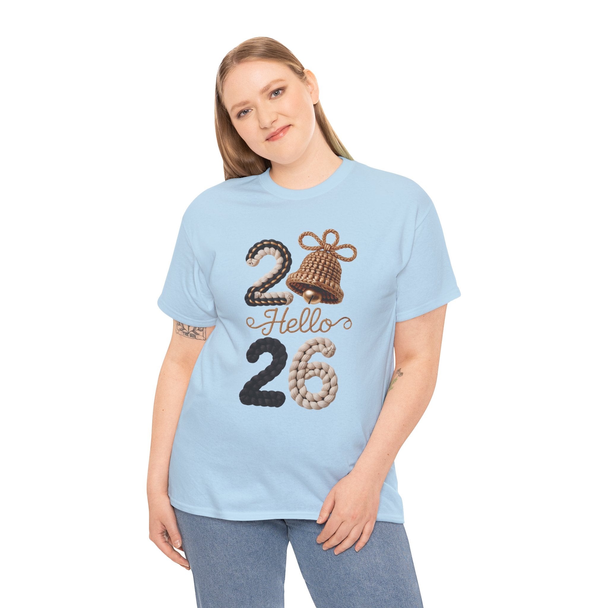 Hello 2026 Tee — Cozy Faux Yarn Braided Numbers with Woven Golden Bell..Unisex Cotton Tee
