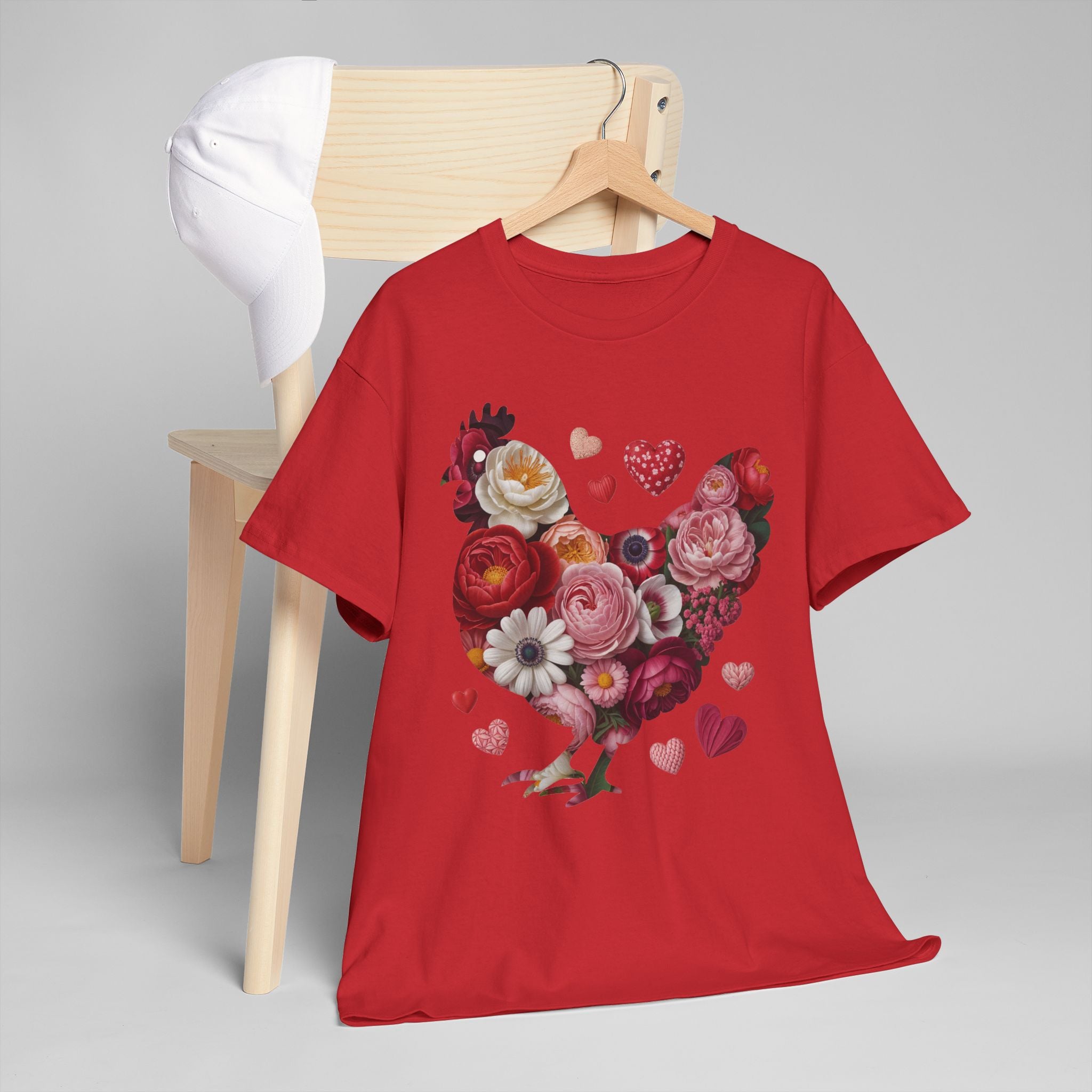 Floral Chicken Heart Tee — Red & Pink Flower Silhouette Unisex Cotton Tee