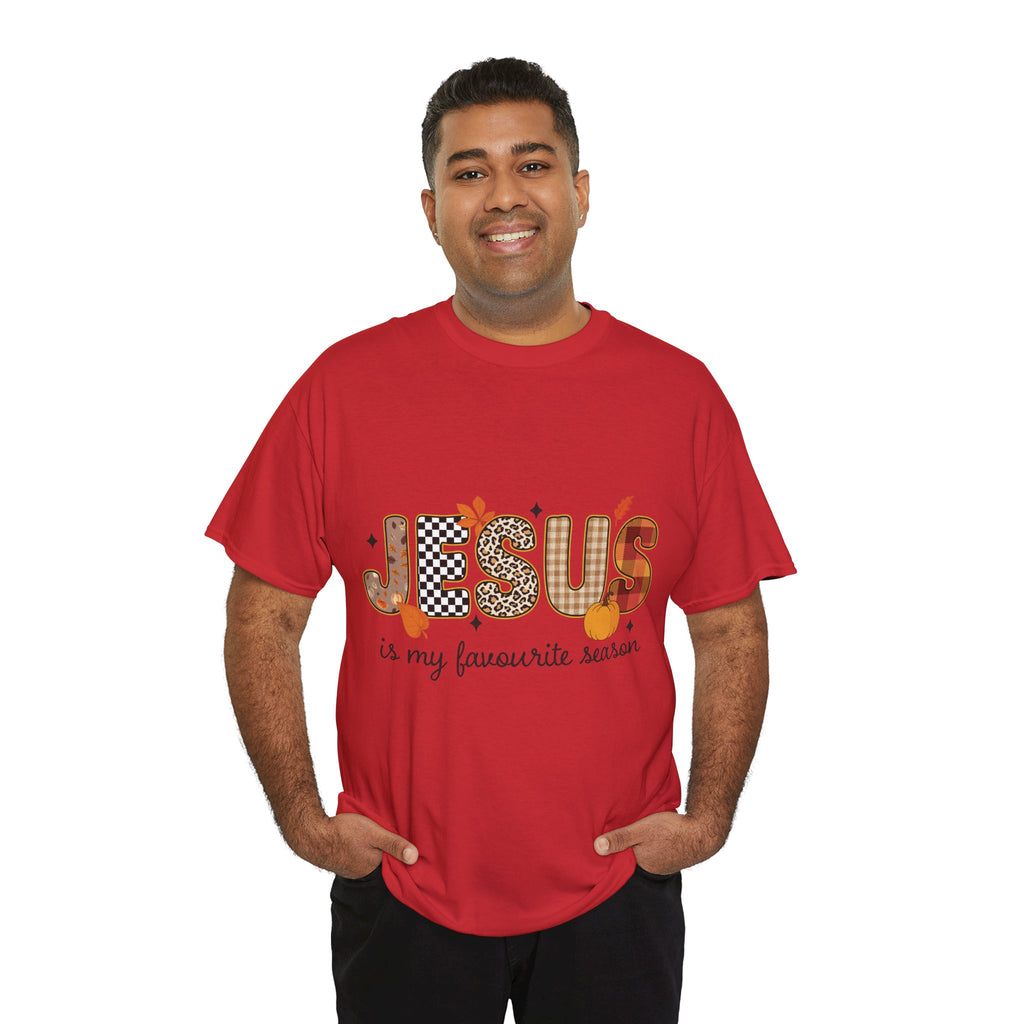 Jesus Is My Favorite Season Tee — Autumn Plaid & Leopard Lettering Unisex Cotton Tee