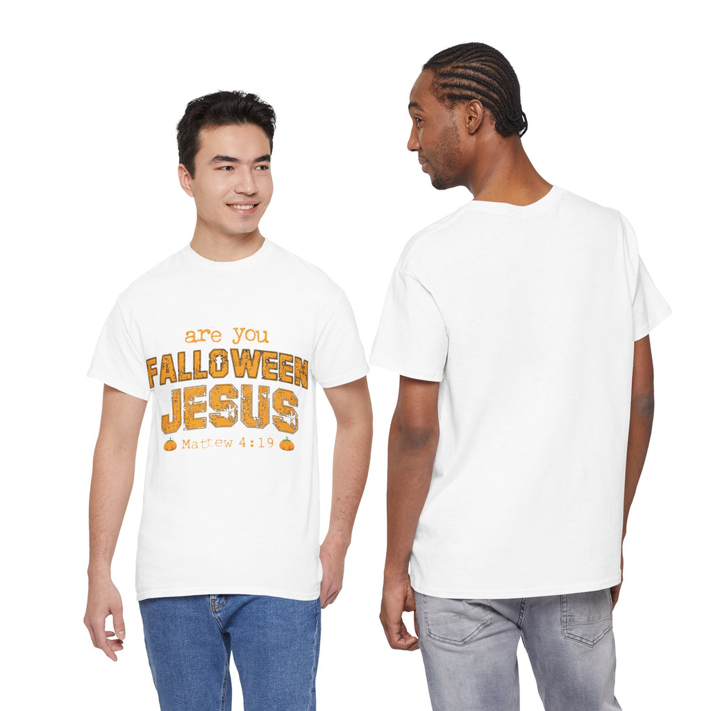 Christian Halloween T-Shirt — “Are You Falloween Jesus? Matthew 4:19” Distressed Pumpkin Design. Unisex Cotton Tee