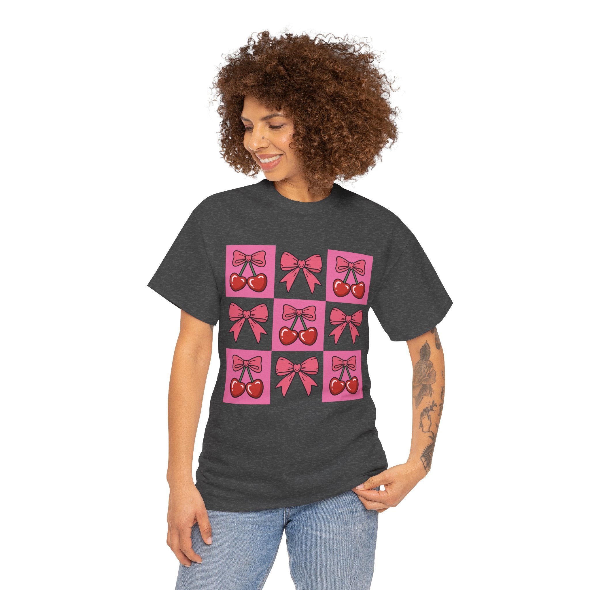 Cherry & Pink Bow Checkered Unisex Cotton Tee