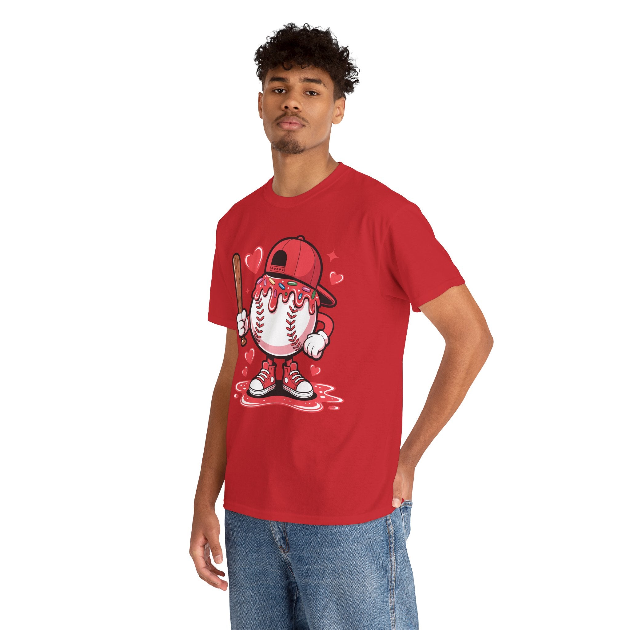 Cute Baseball Character T-Shirt — Red Cap & Icing Top Graphic with Hearts Unisex Cotton Tee