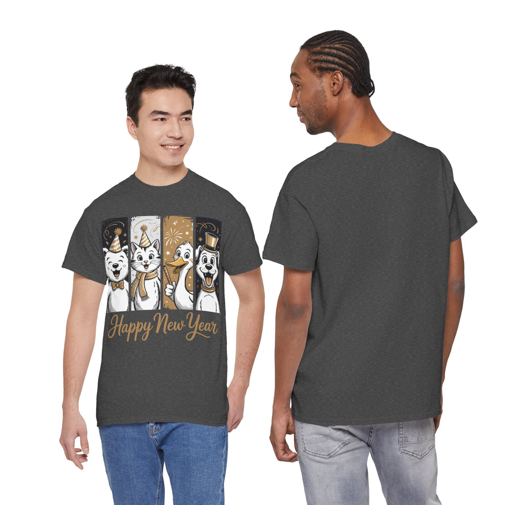 Happy New Year Party Animals T-Shirt — Cute Smiling Animals in Party Hats & Gold Fireworks..Unisex Cotton Tee