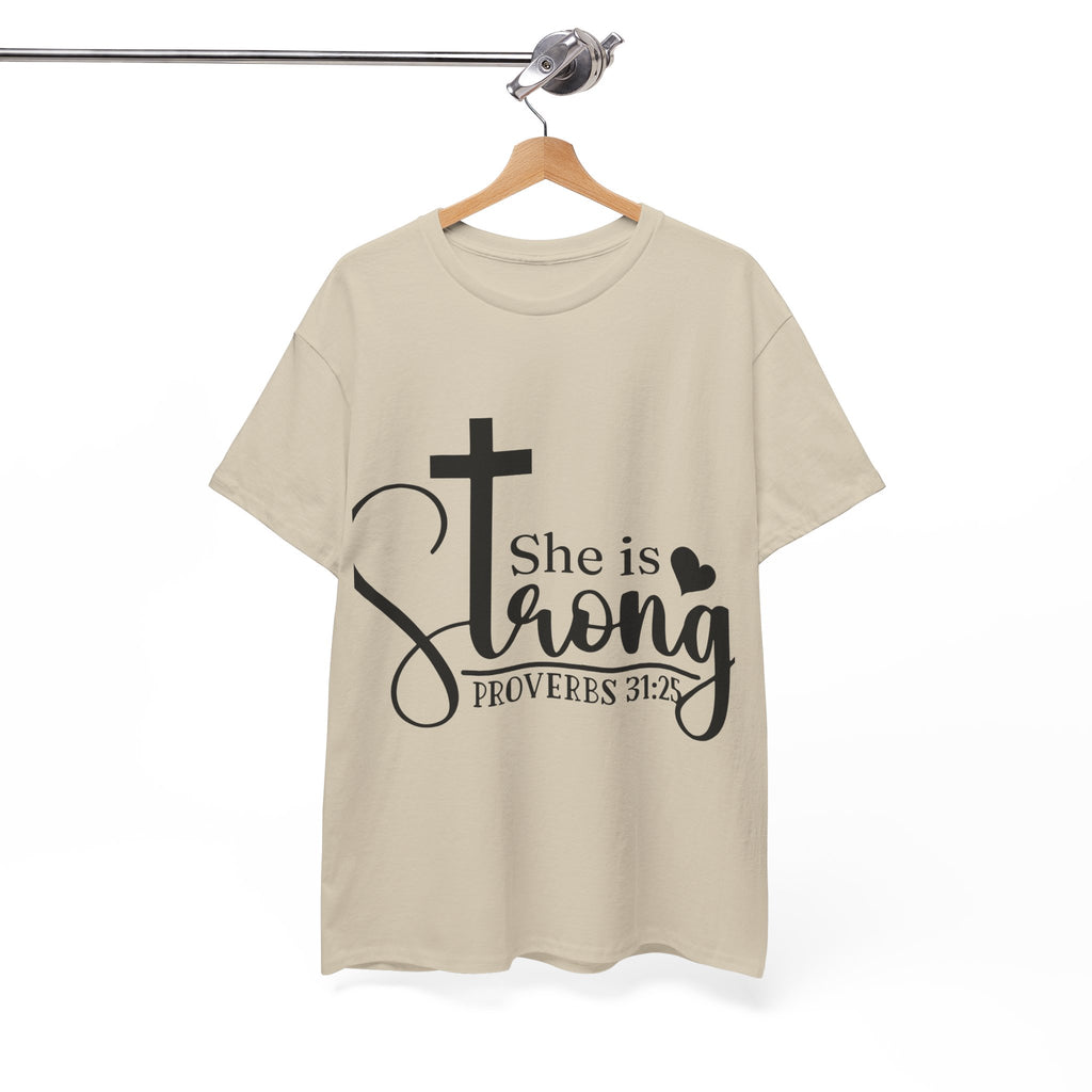 Proverbs 31:25 'She is Strong' T-Shirt – Christian Cross & Heart Unisex Cotton Tee
