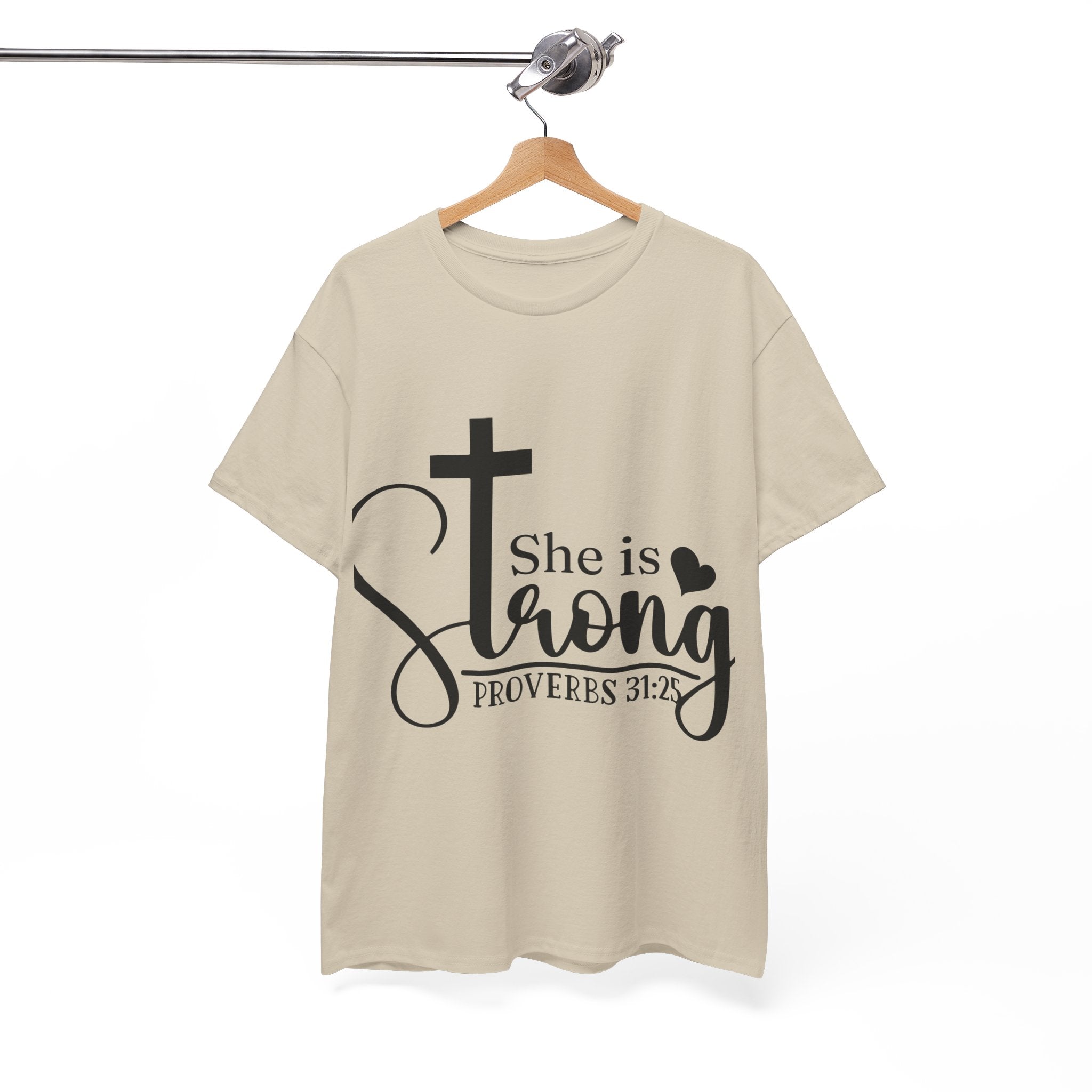 Proverbs 31:25 'She is Strong' T-Shirt – Christian Cross & Heart Unisex Cotton Tee