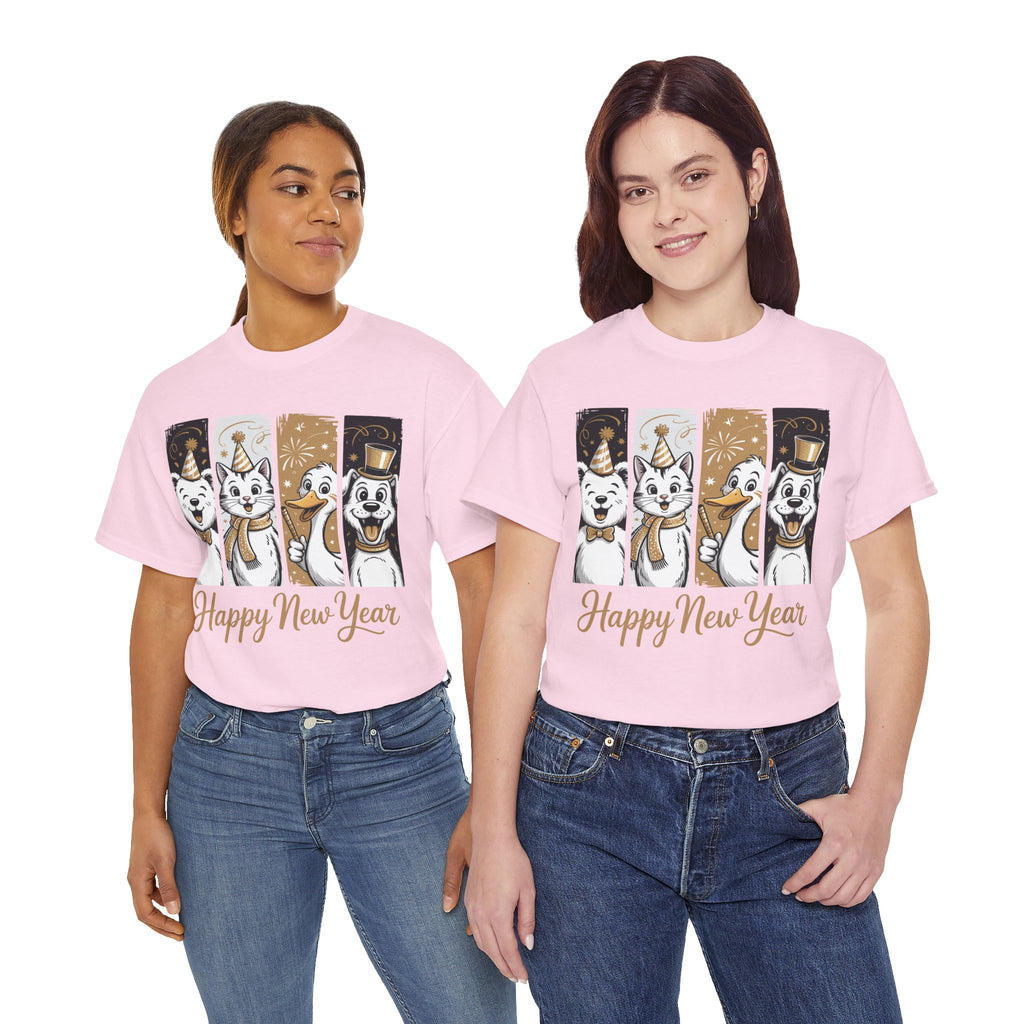 Happy New Year Party Animals T-Shirt — Cute Smiling Animals in Party Hats & Gold Fireworks..Unisex Cotton Tee