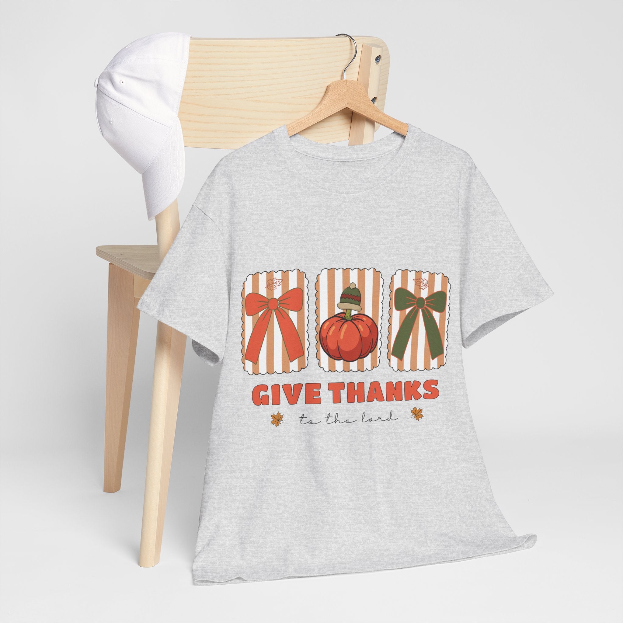 Give Thanks Thanksgiving T-Shirt — Pumpkin with Hat & Bows Unisex Cotton Tee