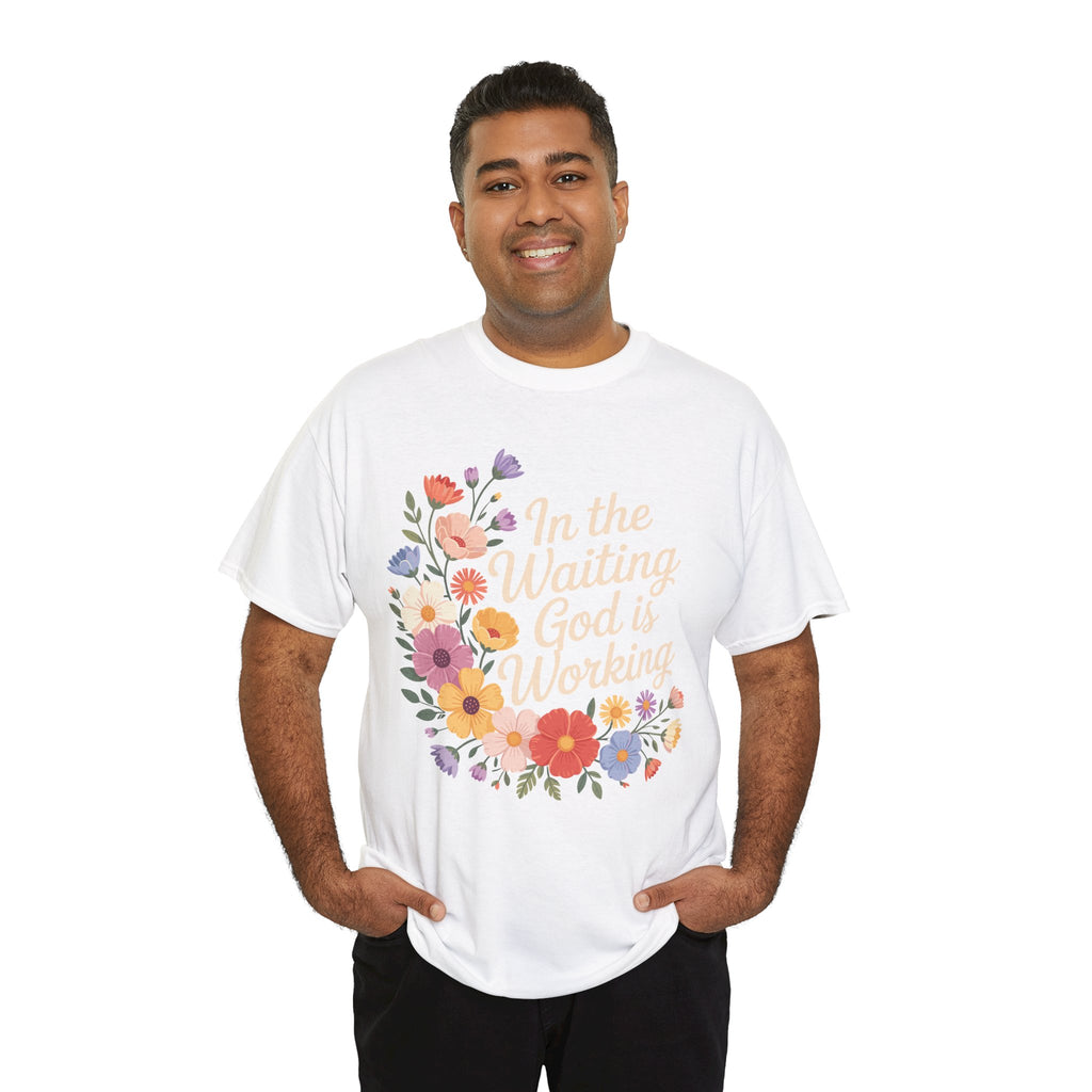 Pastel Floral “In the Waiting God Is Working” Unisex Cotton T-Shirt