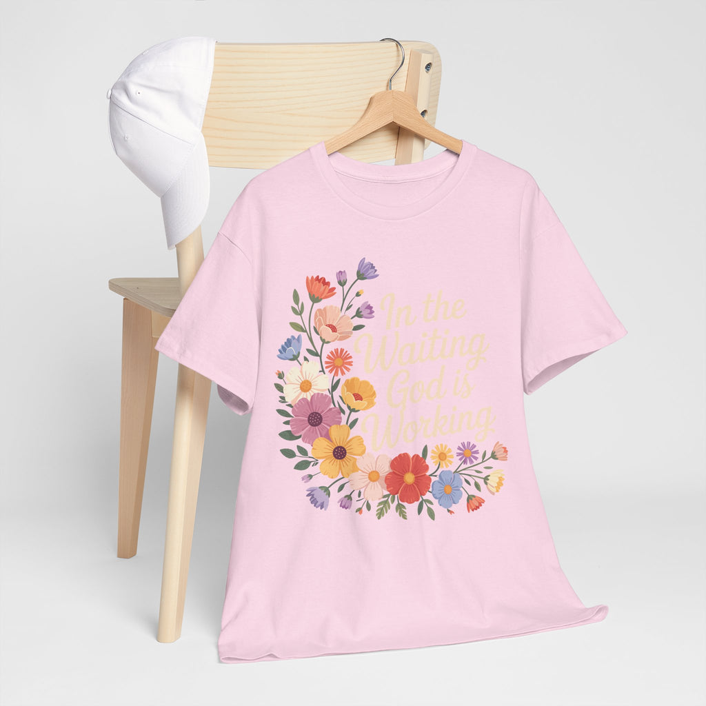 Pastel Floral “In the Waiting God Is Working” Unisex Cotton T-Shirt