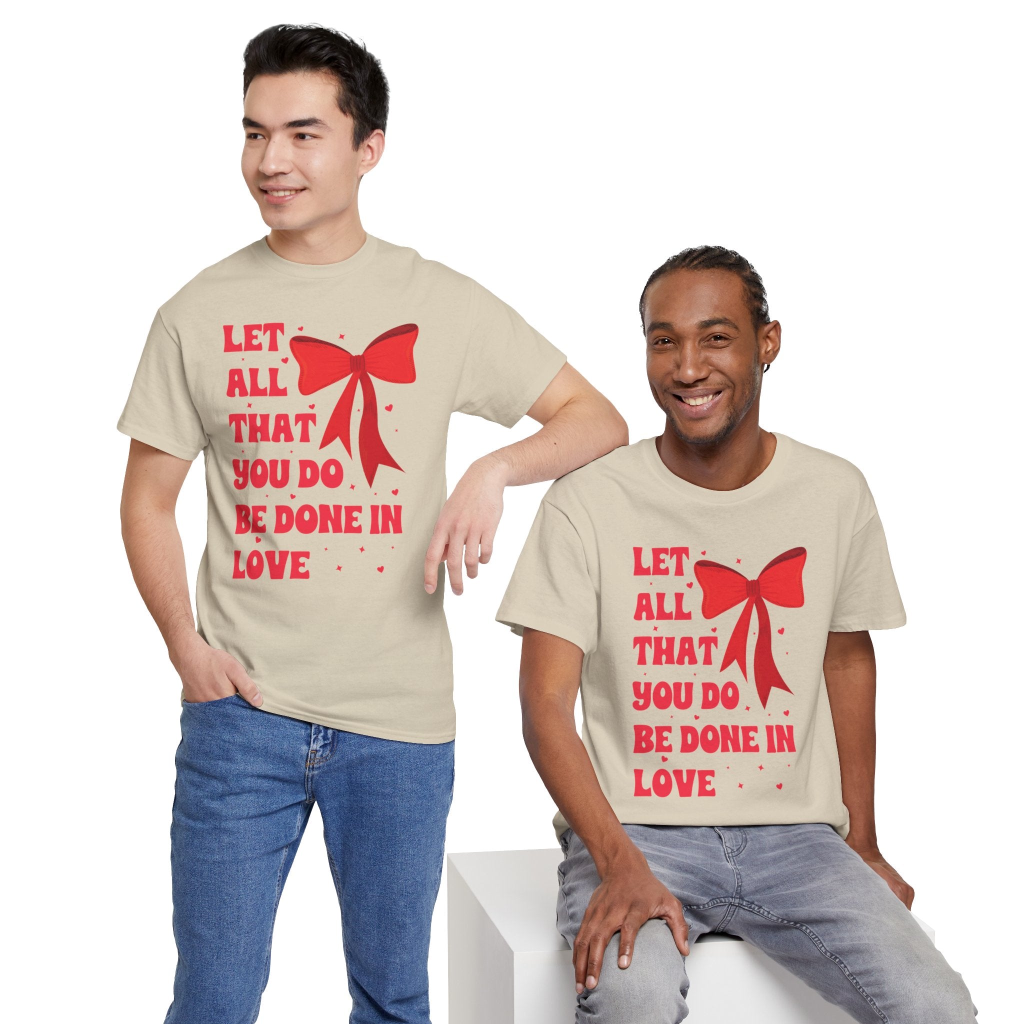 Valentine Tee — "Let All That You Do Be Done in Love" Heart Bow Unisex Cotton Shirt