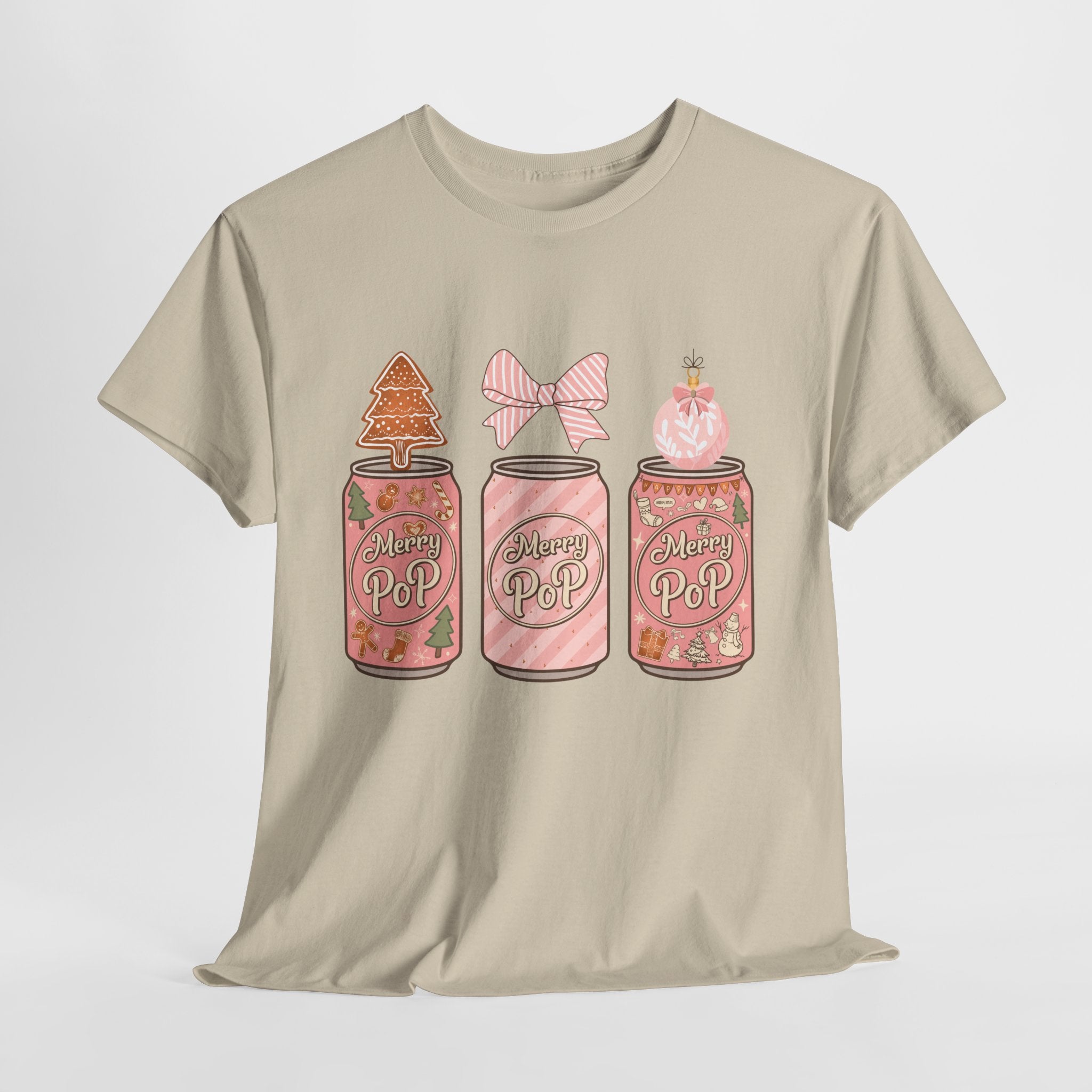 Merry Pop Christmas Soda Can Tee — Pastel Holiday Graphic Unisex Cotton T-Shirt