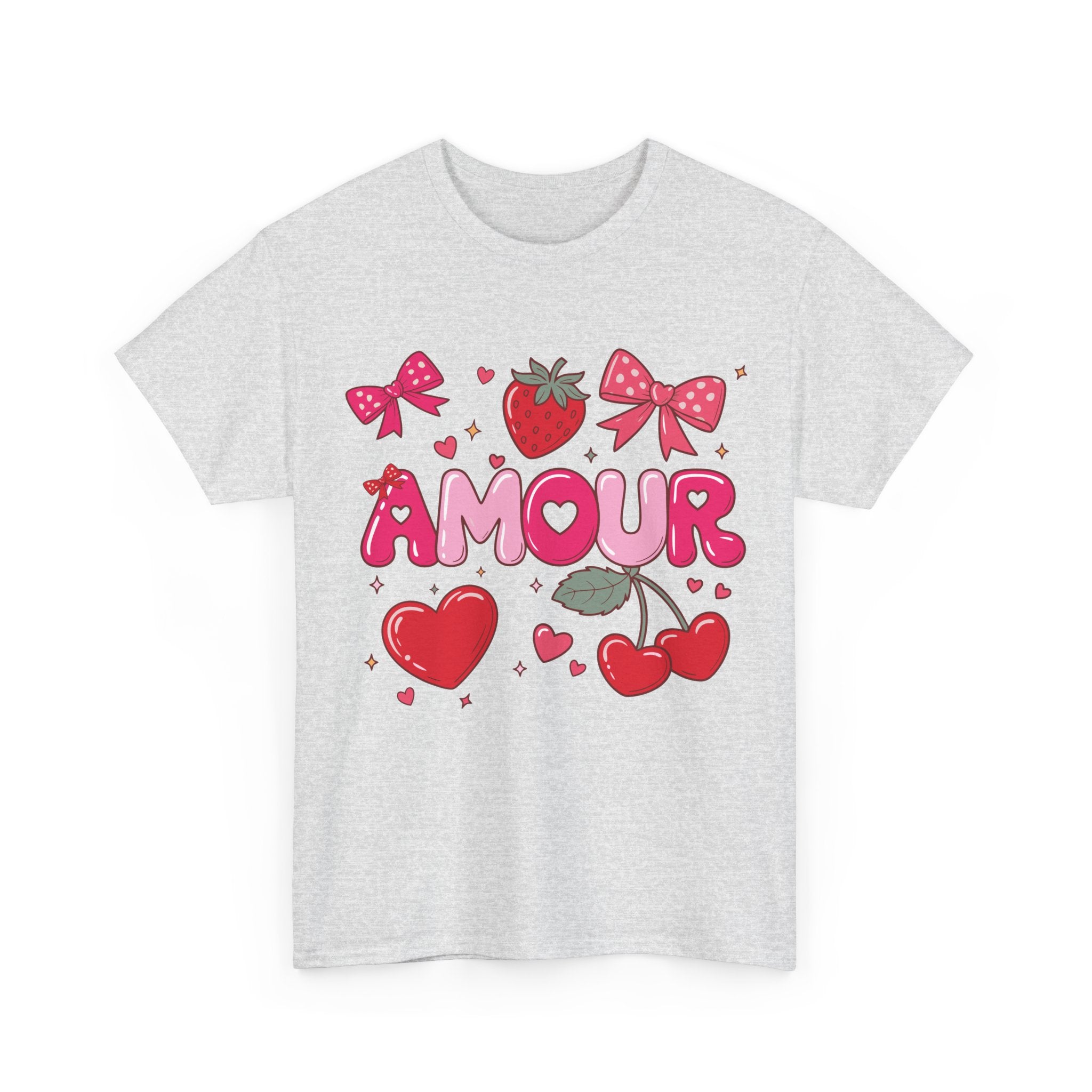 Amour Pink Hearts Tee — Shiny Lettering with Bows, Cherries & Strawberry Accent...Unisex Cotton Tee