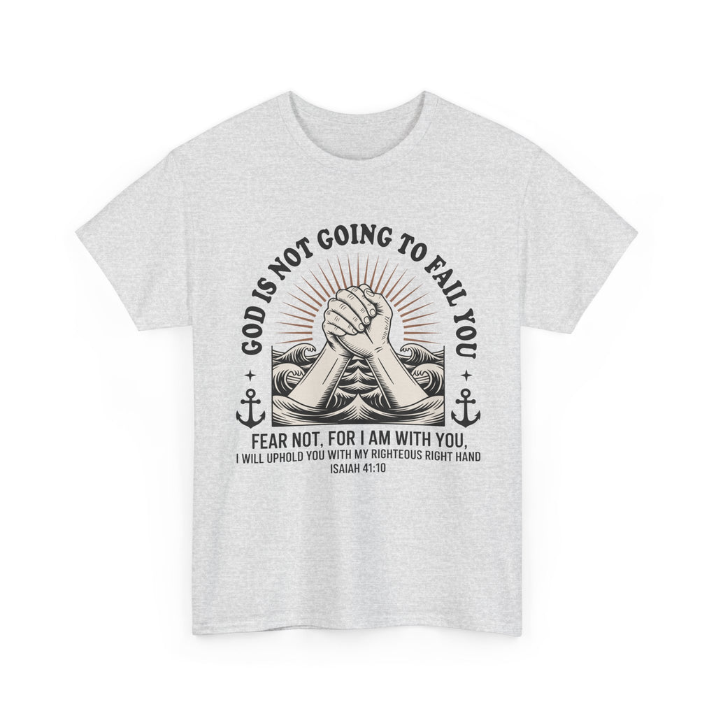 Isaiah 41:10 "Fear Not, For I Am With You" T-Shirt — Clasped Hands Rising from Waves Christian Unisex Cotton Tee