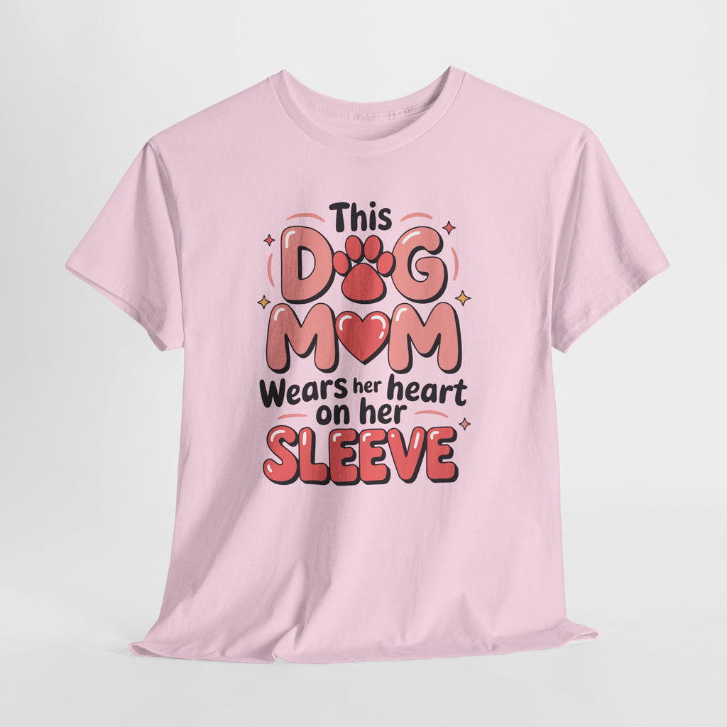 Dog Mom T-Shirt — "This Dog Mom Wears Her Heart on Her Sleeve" Paw & Heart Unisex Cotton Tee