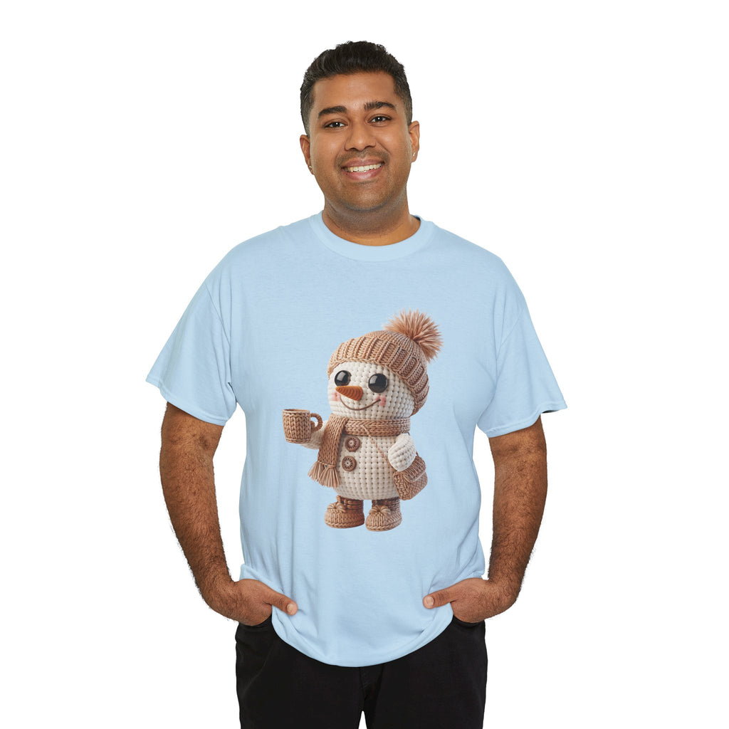 Cozy Snowman Tee — Smiling Snowman with Mug, Scarf & Beanie. Unisex Cotton Tee